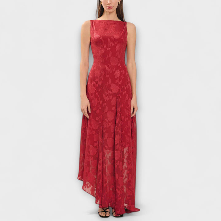 Samira - Elegant maxikjole i jacquard med rygudskæring