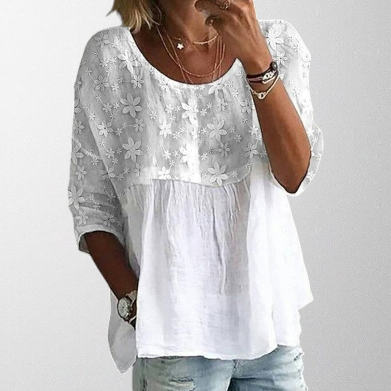 Olivia - Blomsterbroderet Patchwork Bluse