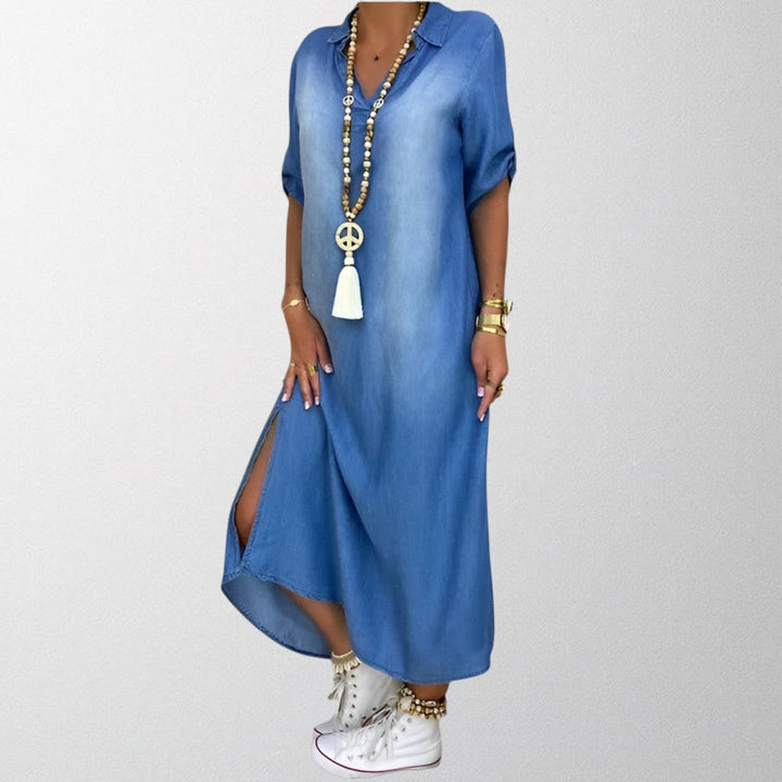 Olivia - Lang denimlook kjole med sideslids