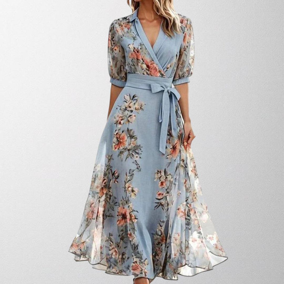 Olivia - Blomster V-Hals Midi Kjole