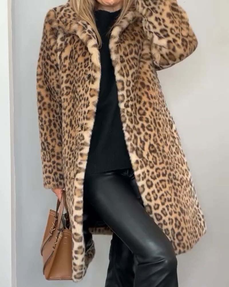 LEIA - Blød Lang Frakke med Leopardmønster