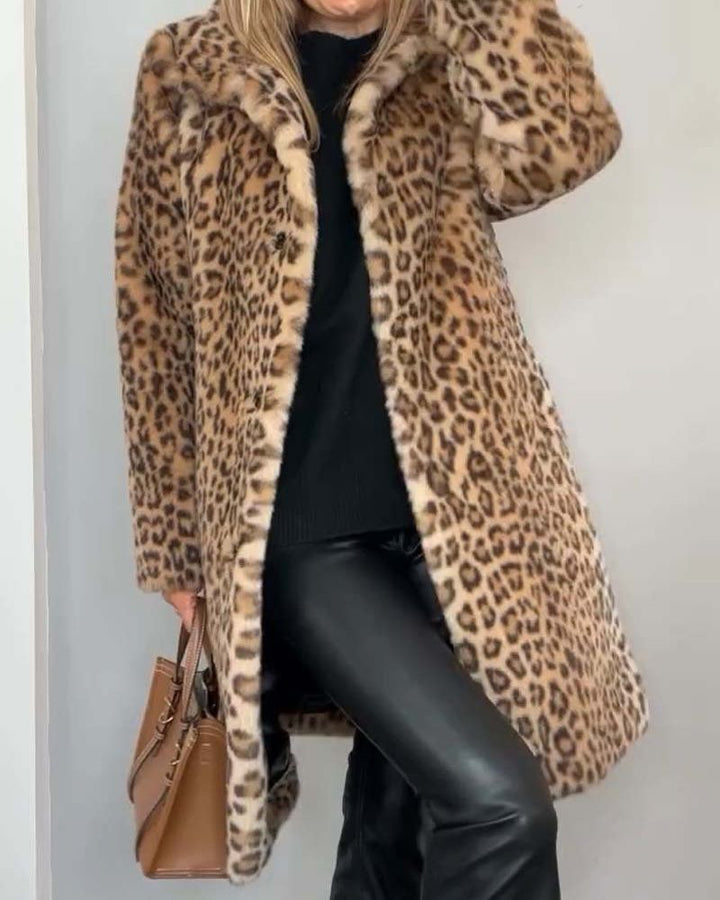 LEIA - Blød Lang Frakke med Leopardmønster
