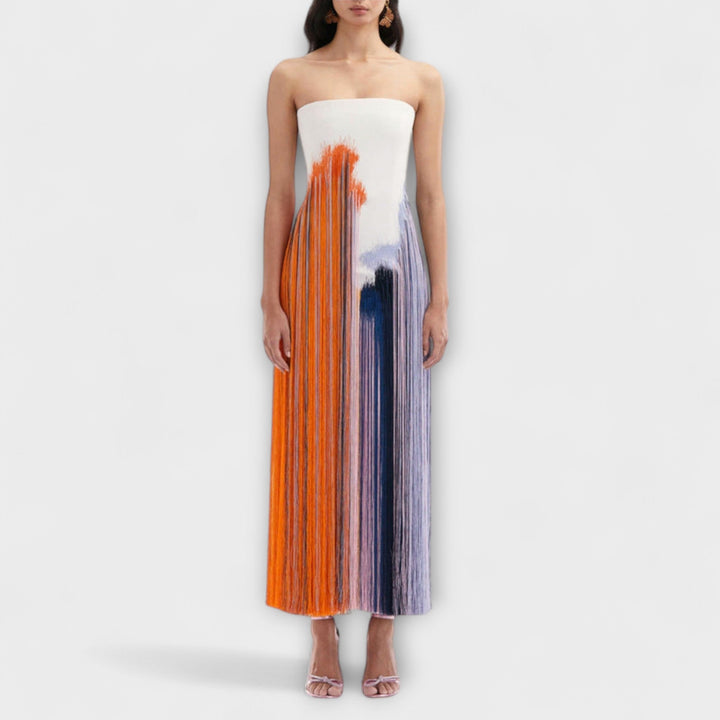 Cornelia - Elegant farveblokeret kjole med trendy frynser