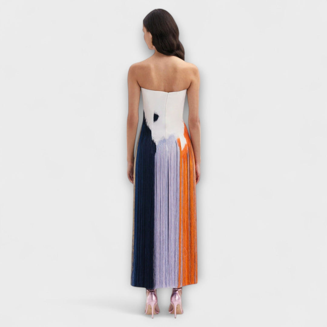 Cornelia - Elegant farveblokeret kjole med trendy frynser