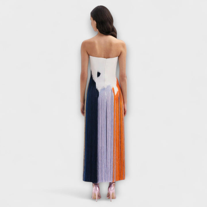 Cornelia - Elegant farveblokeret kjole med trendy frynser