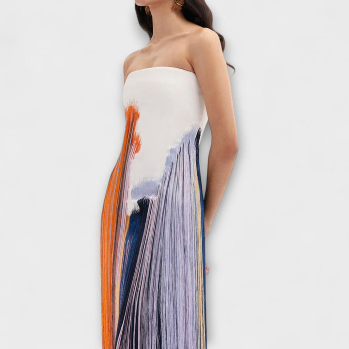 Cornelia - Elegant farveblokeret kjole med trendy frynser