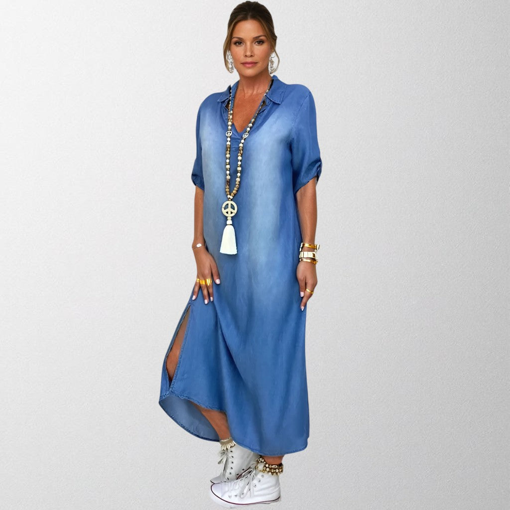 Olivia - Lang denimlook kjole med sideslids