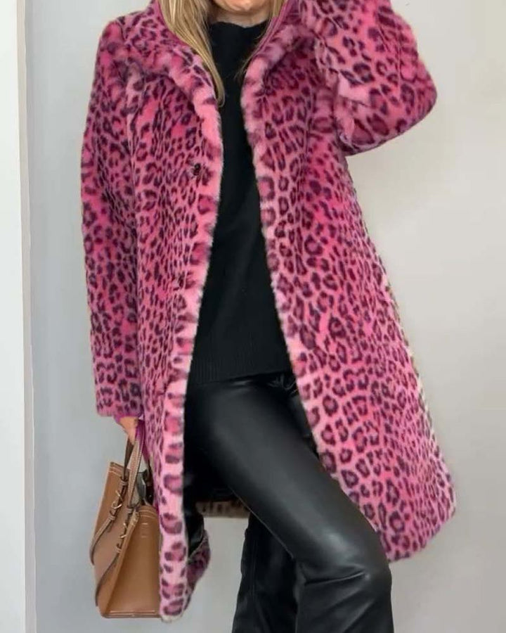 LEIA - Blød Lang Frakke med Leopardmønster