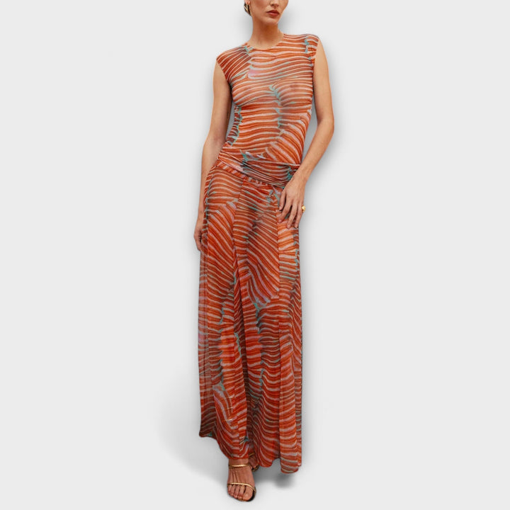 Phoenix – Skinnende Bølge Mesh Bodysuit og Nederdel Sæt