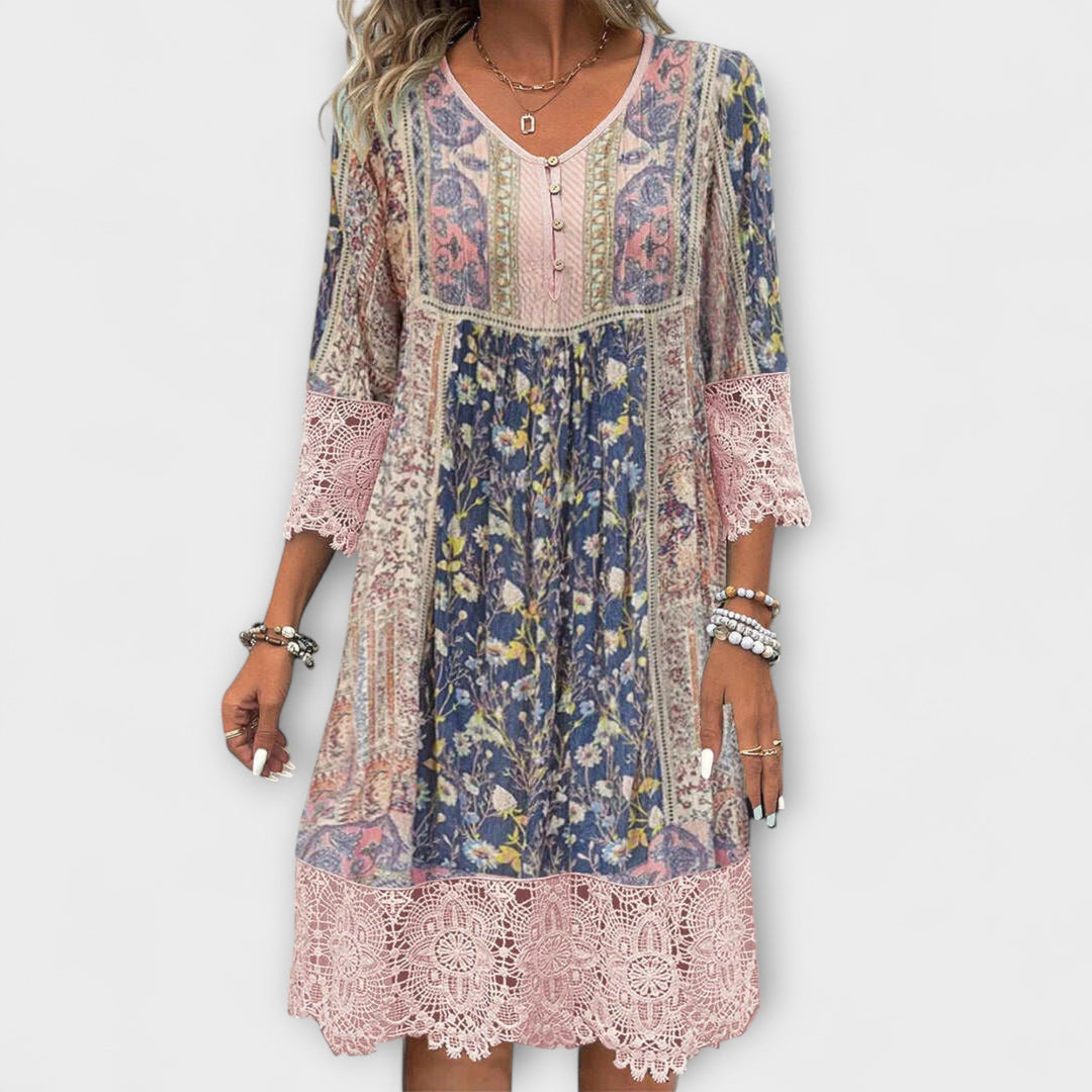 Adele - Boho-kjole med blonder og vintage blomsterprint