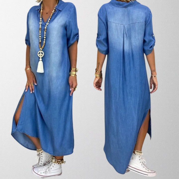Olivia - Lang denimlook kjole med sideslids
