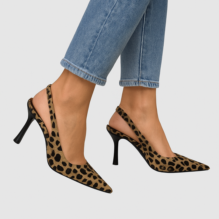 Olivia - Spidse Tå Leopardprint Slingback Khaki Stiletto Hæle
