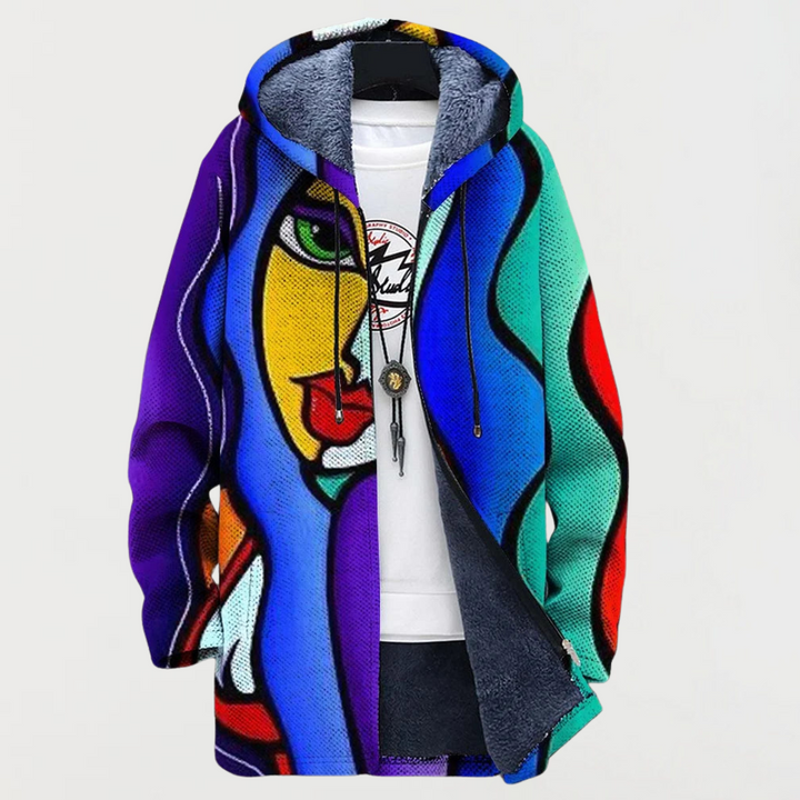 Cardigan med farverig kunst