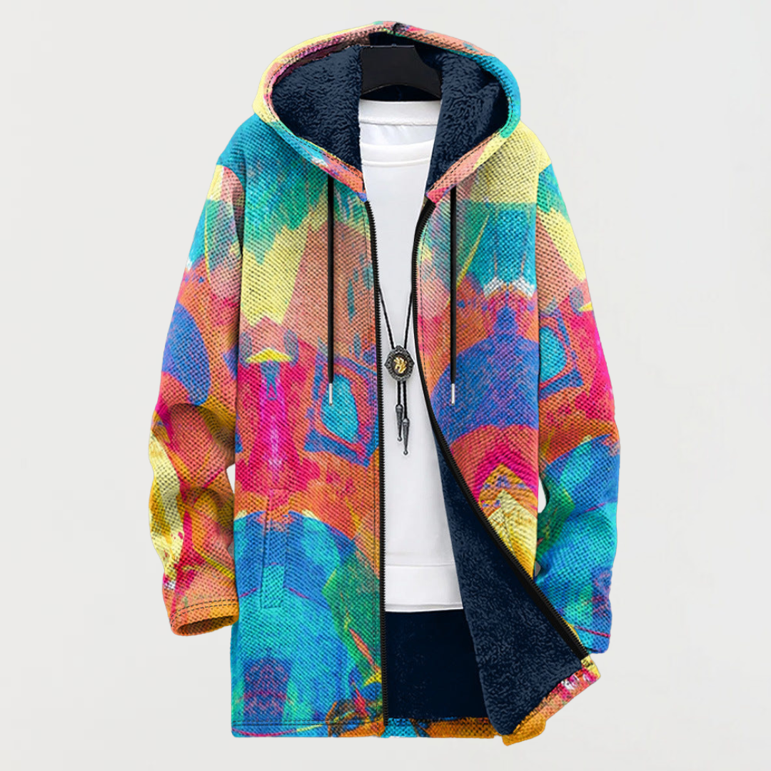 Cardigan med farverigt kunstmotiv