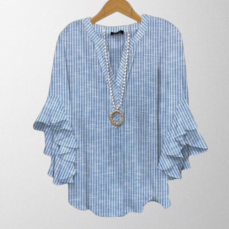 Olivia - Stribet Bluse med Flæser