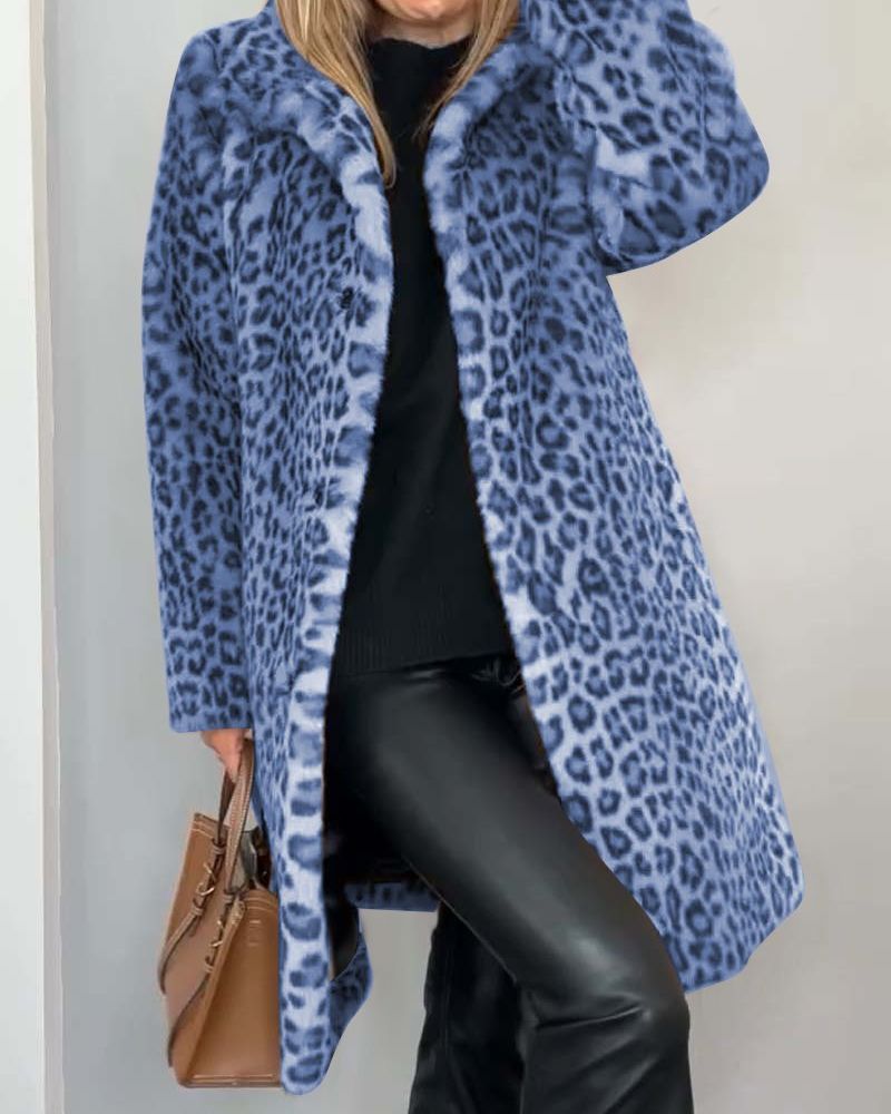 LEIA - Blød Lang Frakke med Leopardmønster